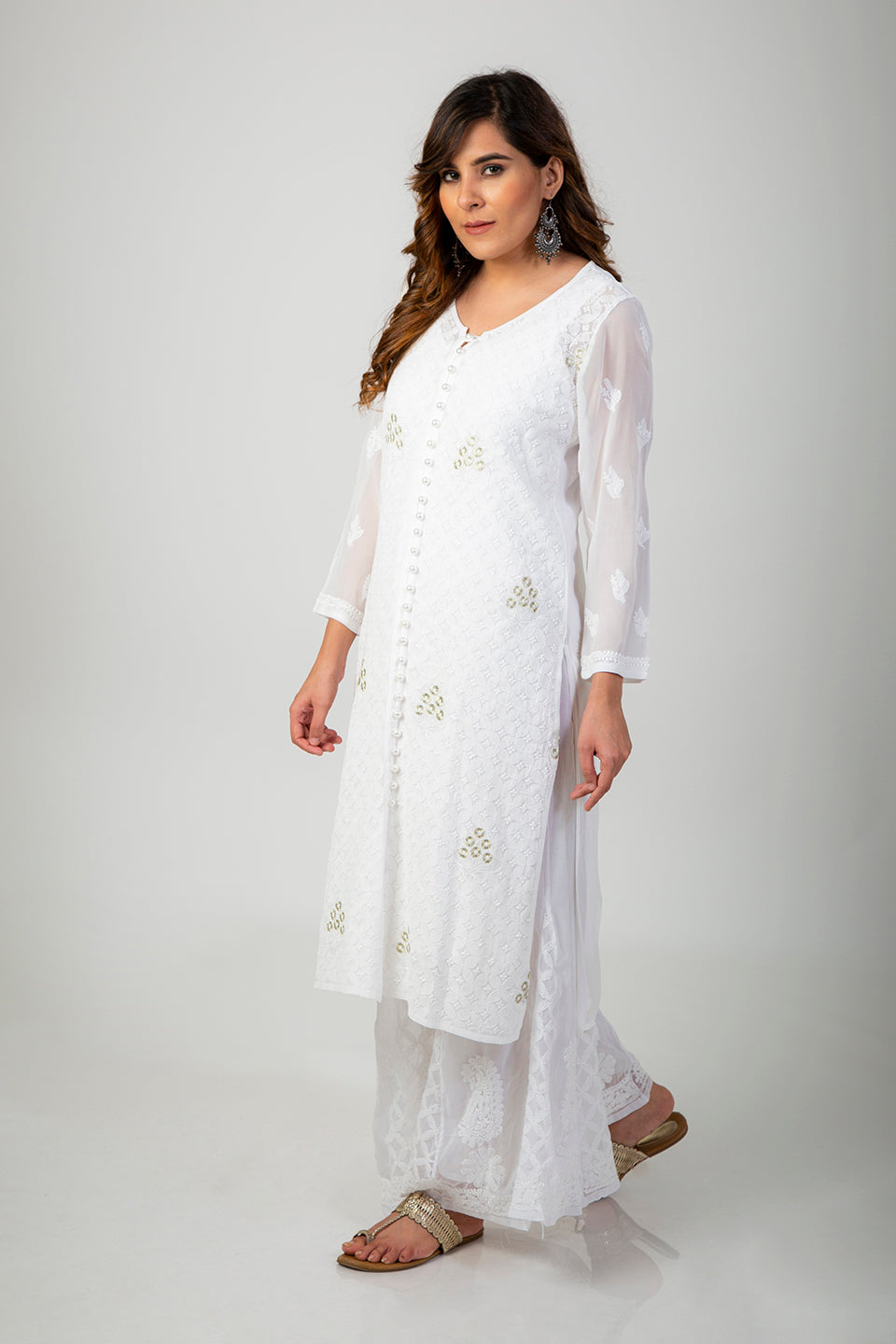 Semi georgette skin friendly kurti flower motifs embroided with kasab threads (White Color) Lucknow Chikan Emporium Hand Chikankari