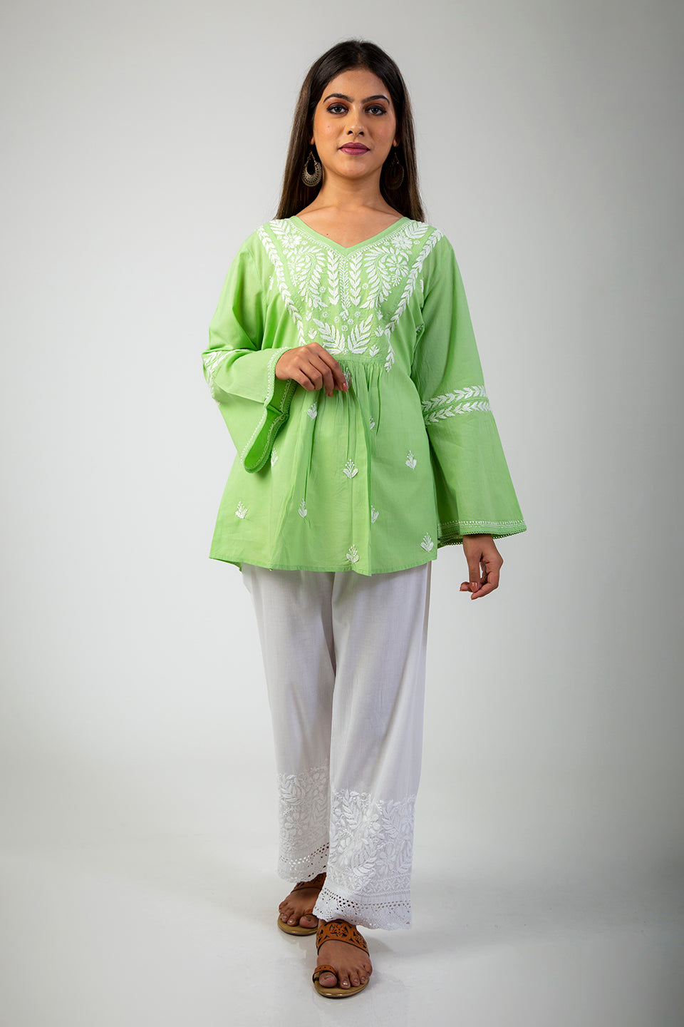 Lucknowi Chikankari Green Hand Emroidered Short Chikan Kurti