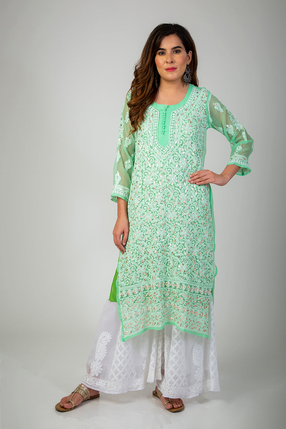 Nice Hand Chikankari Kurti (Green Color) Lucknow Chikan Emporium.