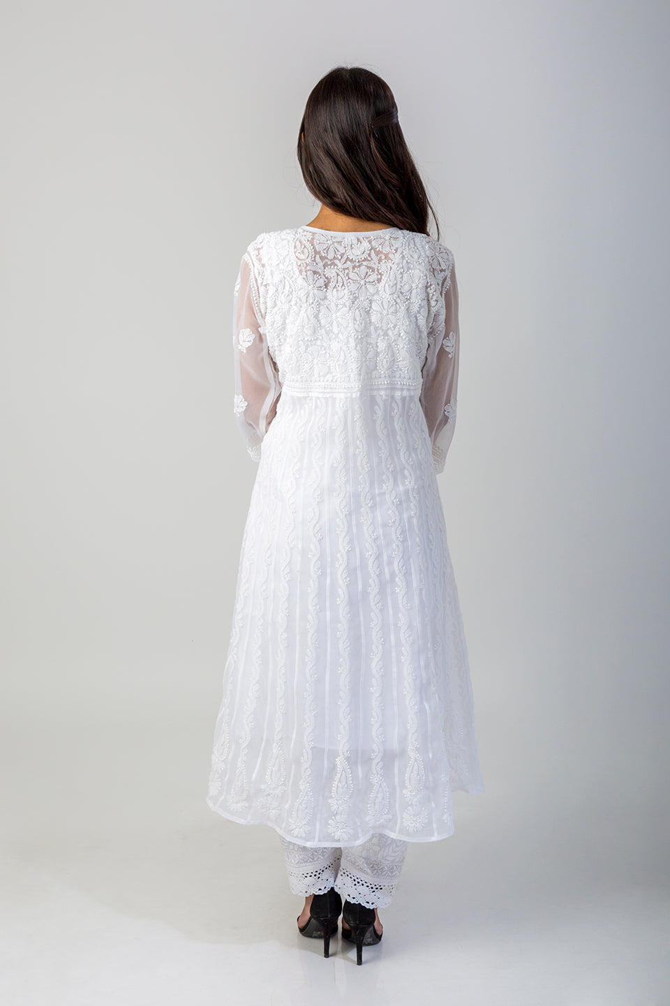 Lucknow Chikan Emporium Hand Chikankari Semi Georgette white Anarkali Kurti