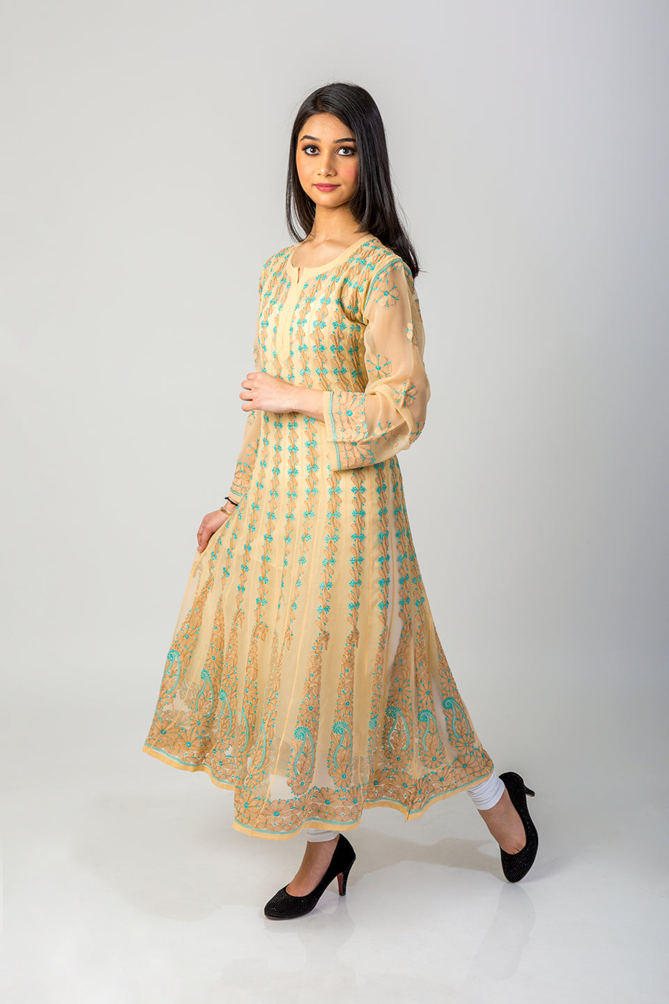 Lucknow Chikan Emporium Hand Chikankari Semi Georgette beig colour Anarkali Kurti