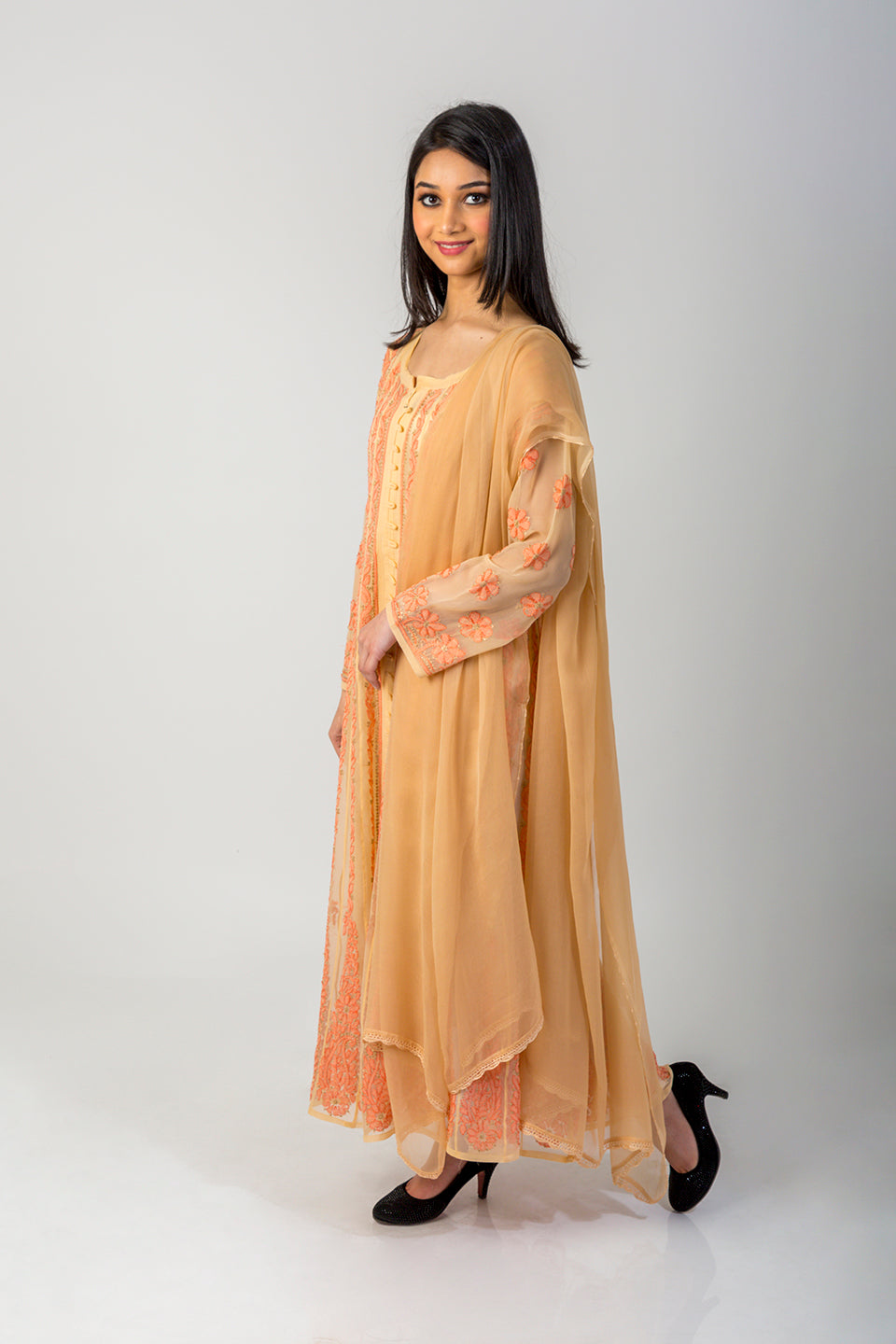 Lucknow Chikan Emporium Hand Chikankari Semi Georgette fawn Anarkali Kurti