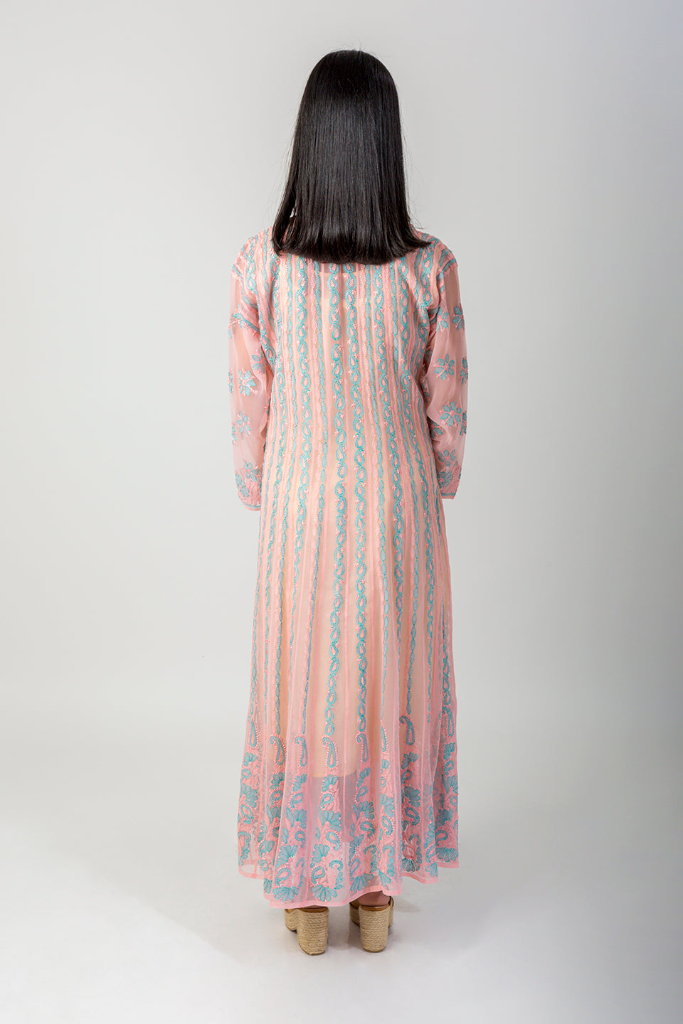 Lucknow Chikan Emporium Hand Chikankari Semi Georgette peach Anarkali Kurti