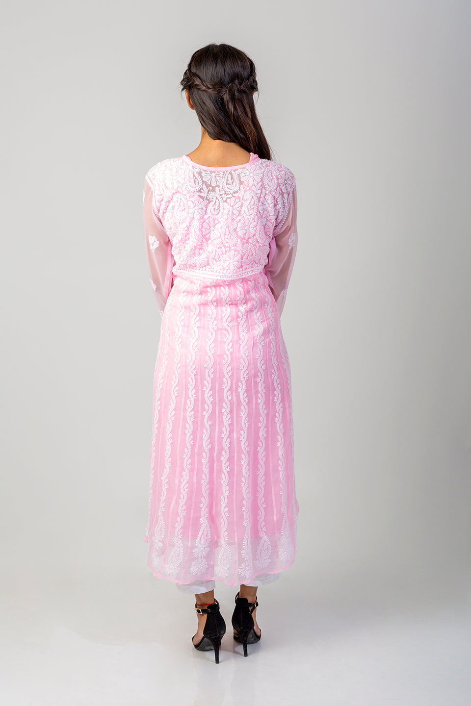 Lucknow Chikan Emporium Hand Chikankari Semi Georgette pink Anarkali Kurti