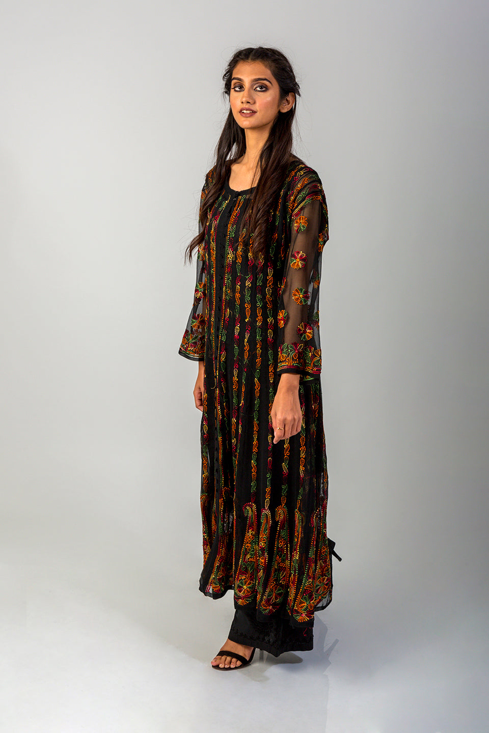 Lucknow Chikan Emporium Hand Chikankari Semi Georgette black Anarkali Kurti