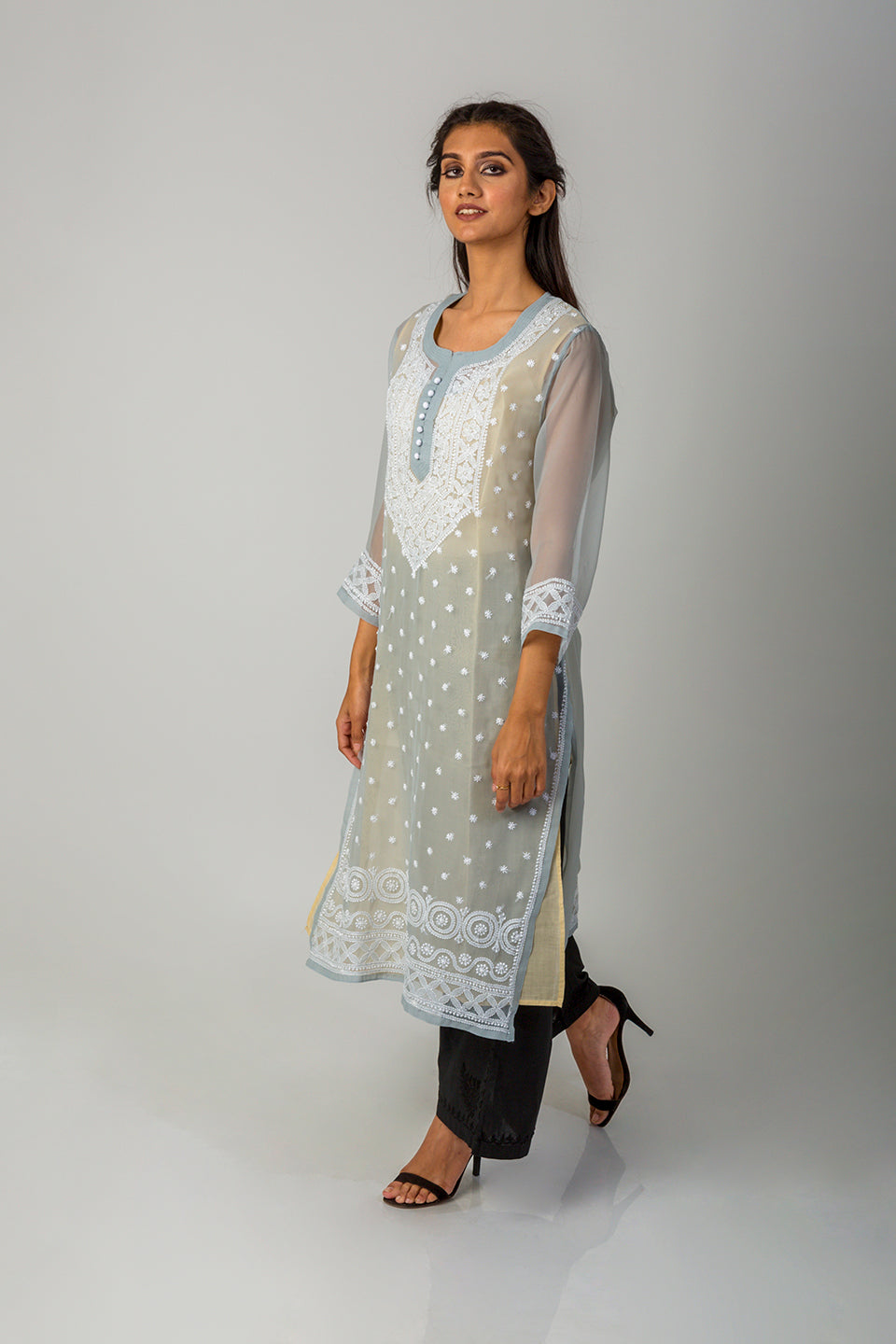Lucknow Chikan Emporium Hand Semi Georgette chikankari Kurti (Grey)
