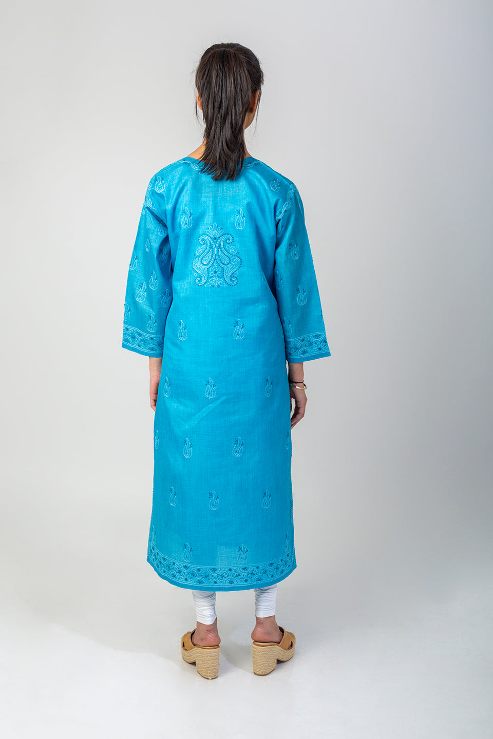 Hand Chikankari Cotton Silk Kurti Nice Blue Colour Lucknow Chikan Emporium
