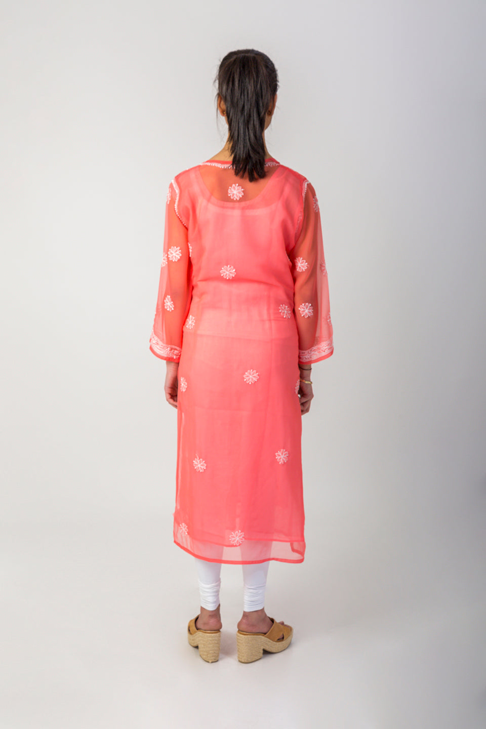 (Carrot Colour) Hand Chikankari Semi Georgette kurti Lucknow Chikan Emporium.