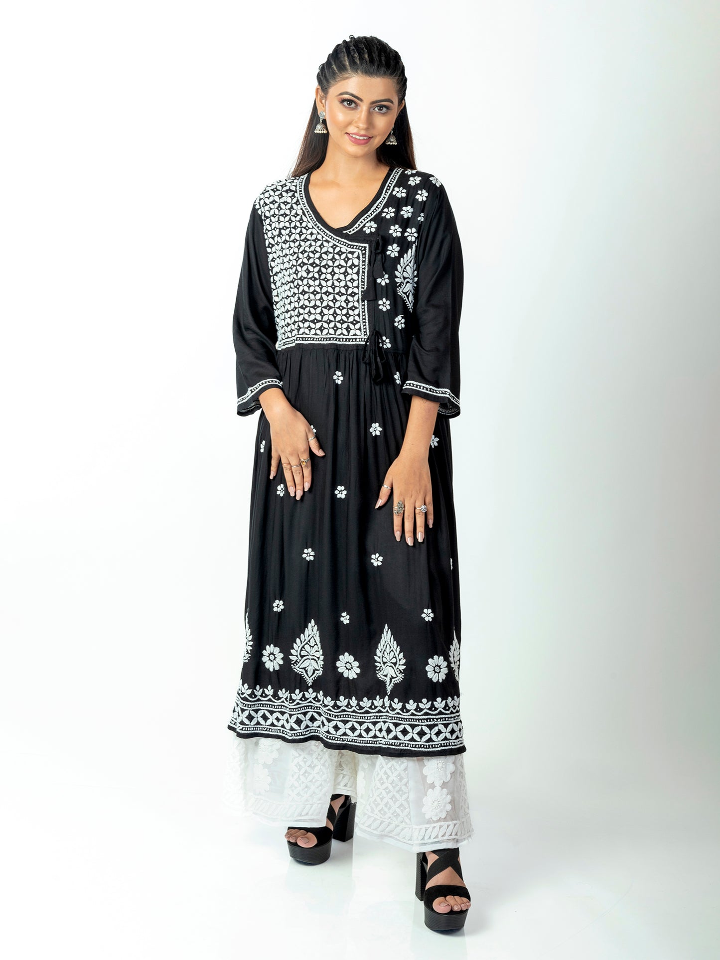 Hand Embroided Skin Freindly Cotton Rayon Chikankari Black Angarkha Lucknow Chikan Emporiu.