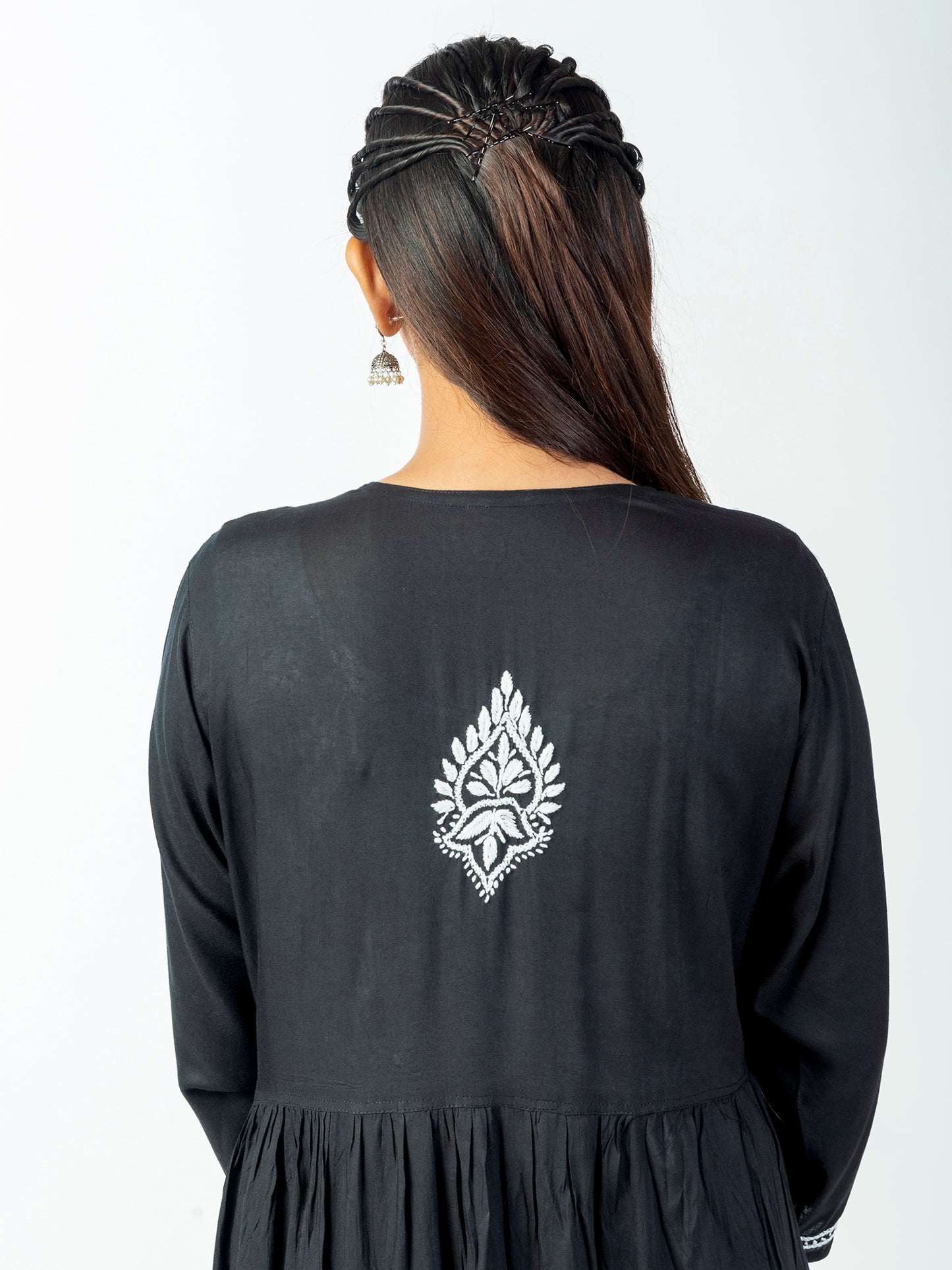 Hand Embroided Skin Freindly Cotton Rayon Chikankari Black Angarkha Lucknow Chikan Emporiu.
