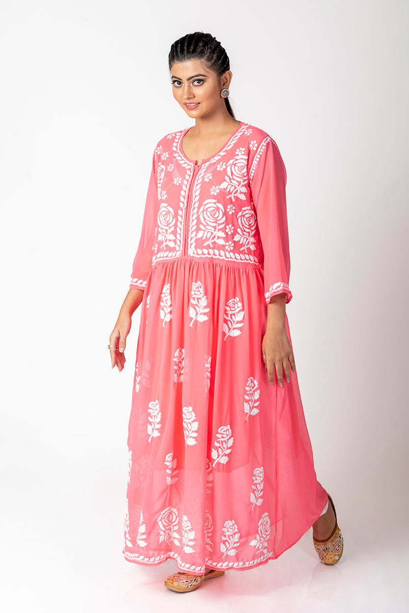 Semi Georgette Chikankari Kurti Carrot Pink Colour Lucknow Chikan Emporium.