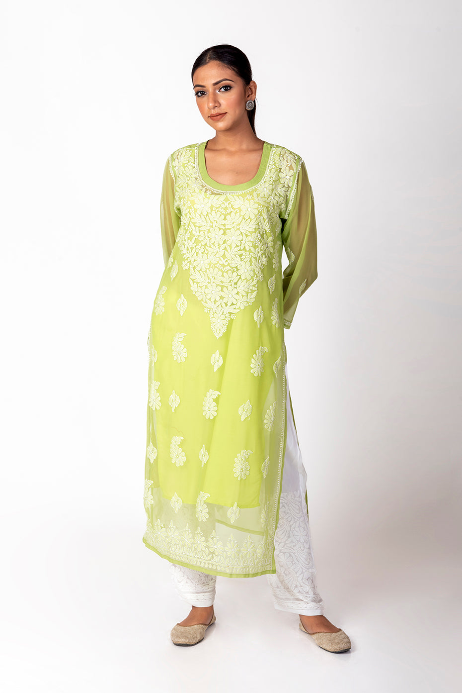 Leaf Green Semi Georgette Skin Friendly Hand Chikankari Kurti Lucknow Chikan Emporium