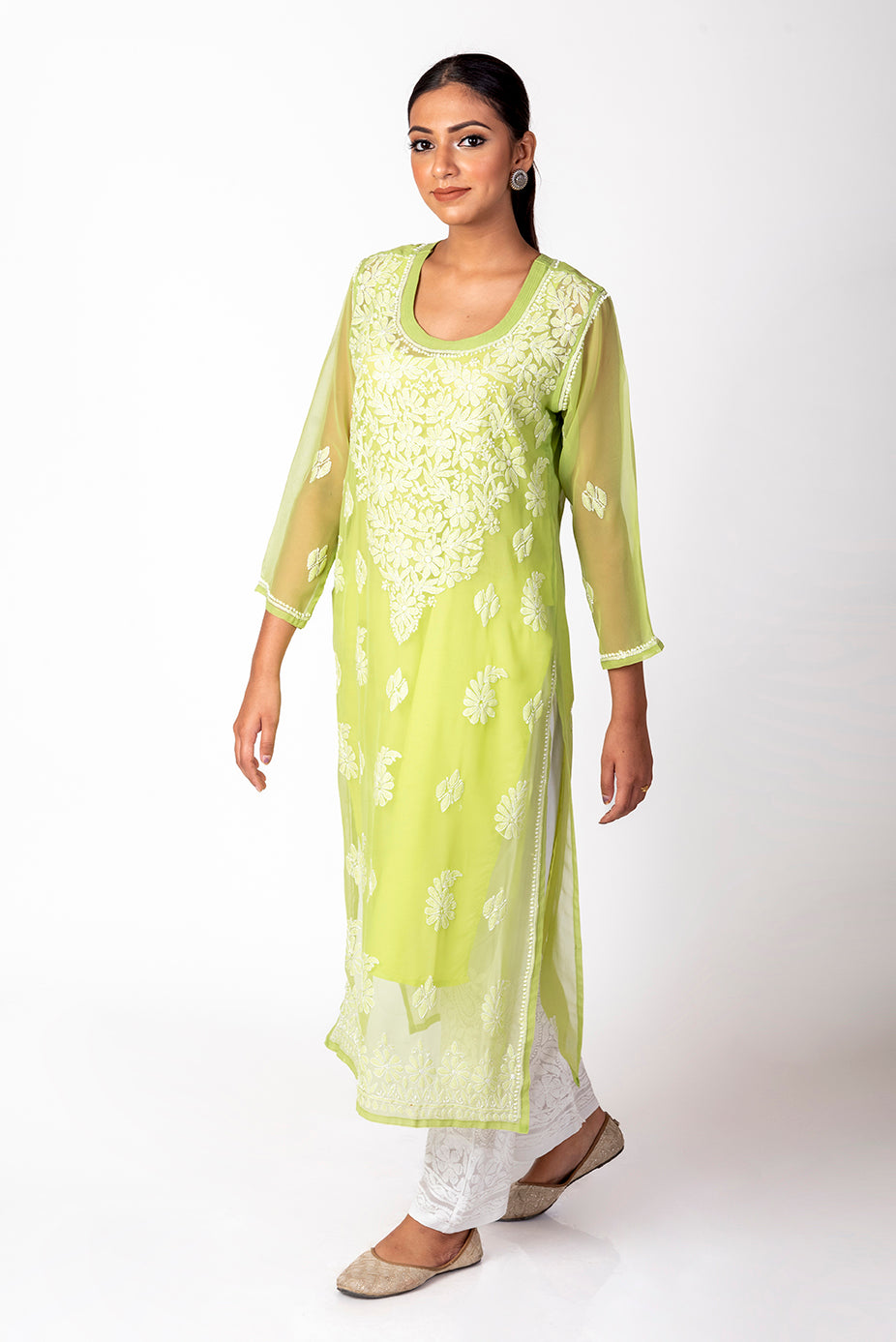 Leaf Green Semi Georgette Skin Friendly Hand Chikankari Kurti Lucknow Chikan Emporium