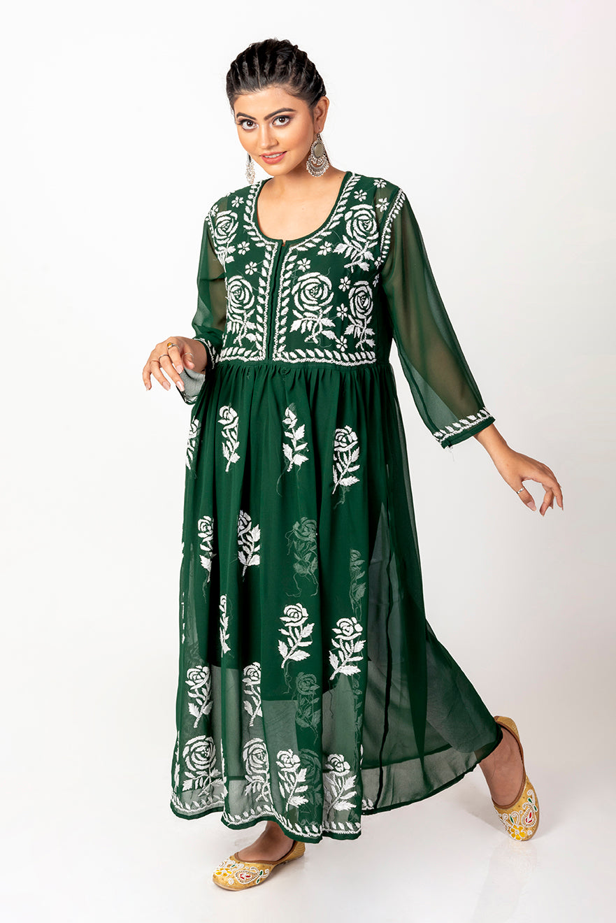 Semi Georgette Chikankari Kurti Dark Green Colour Lucknow Chikan Emporium.
