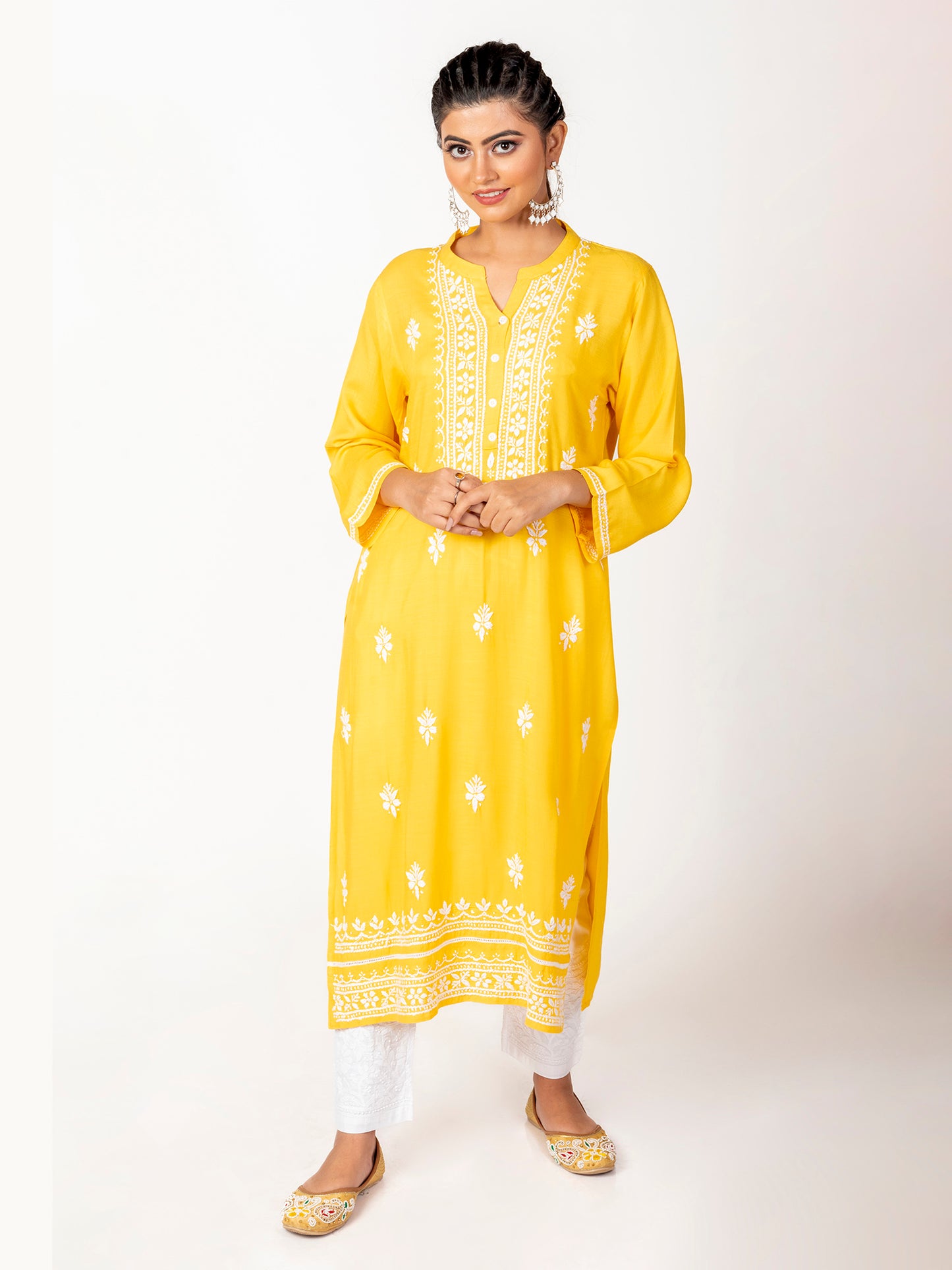 Super Soft Fine Rayon Chikankari Kurti Light Yellow Colour Lucknow Chikan Emporium.