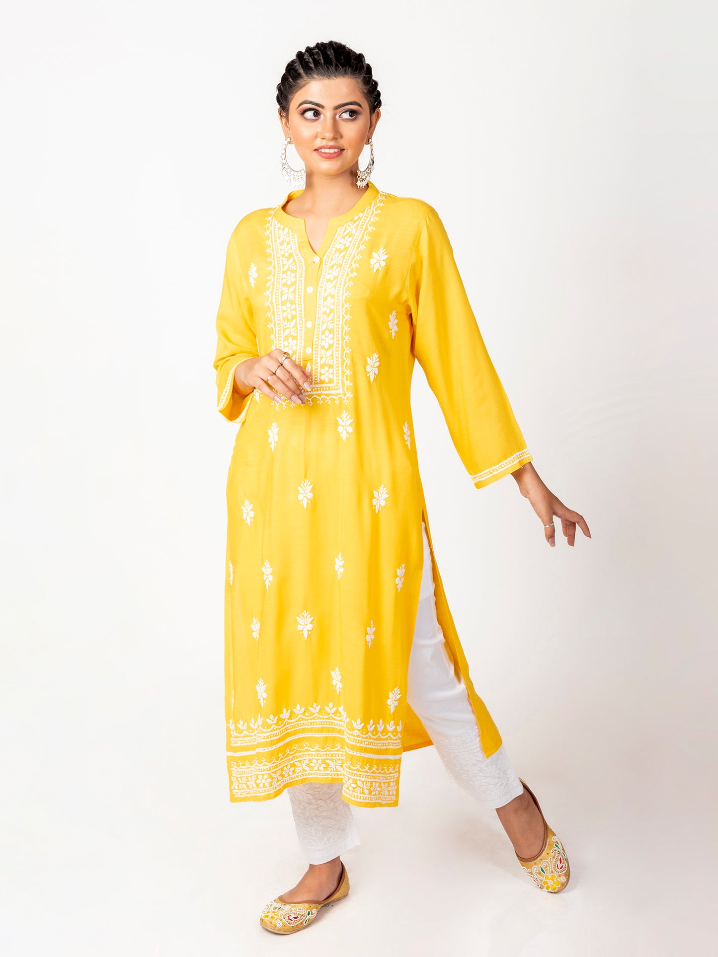 Super Soft Fine Rayon Chikankari Kurti Light Yellow Colour Lucknow Chikan Emporium.
