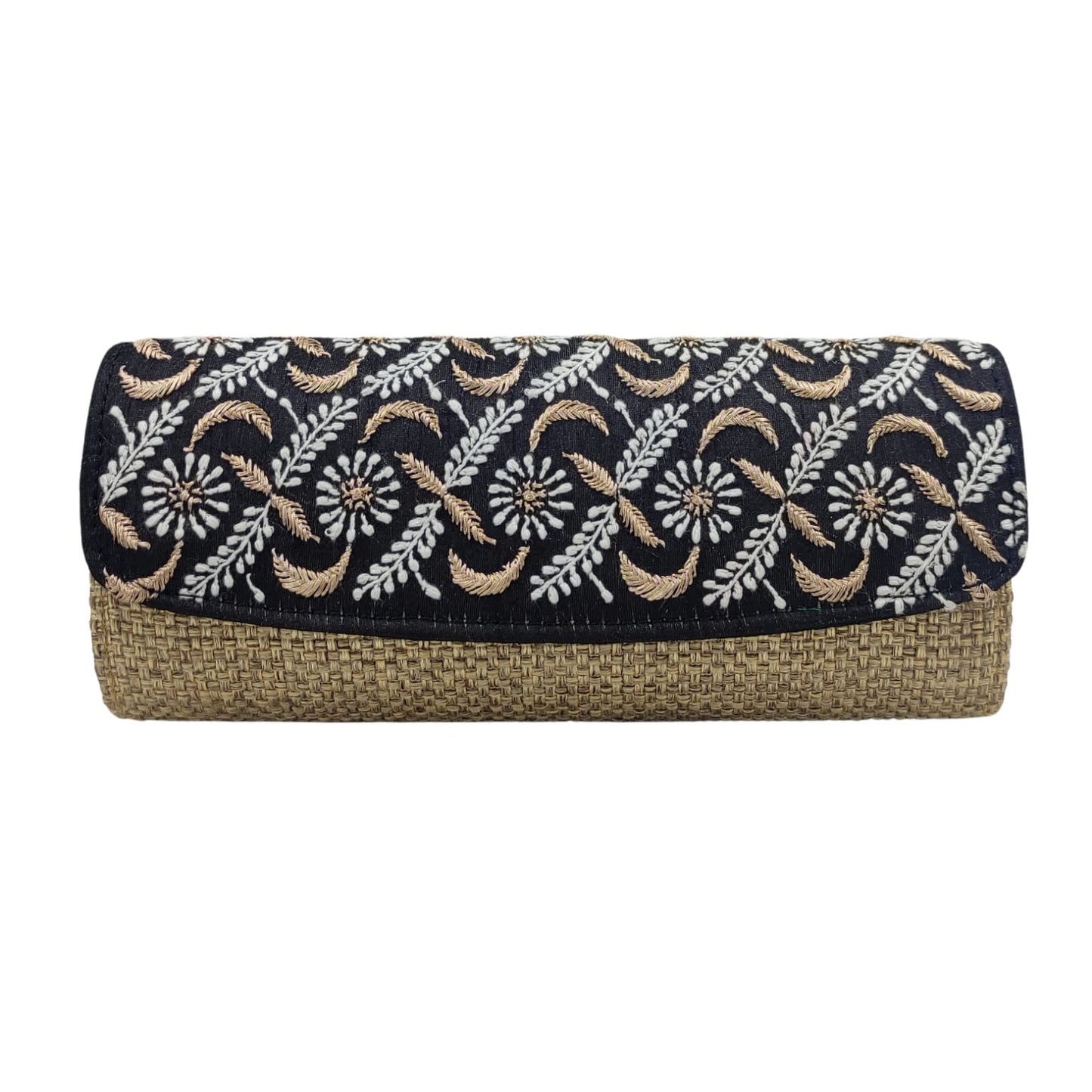 Black & Fawn Jute & Silk Cloth Clutch Lucknowi Hand Embroidery.