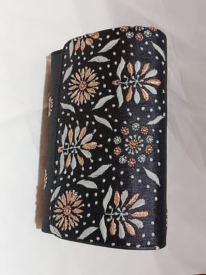 Black Colour Side Sling Pusse Silk Cloth With Hand Chikan Embroidery Lucknow Chikan Emporium.