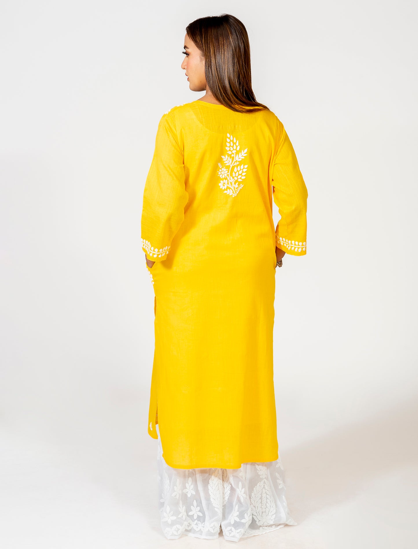 Pocket Yellow Colour Hand Embroided Skin Friendly South Cotton Kurti Lucknow Chikan Emporium.