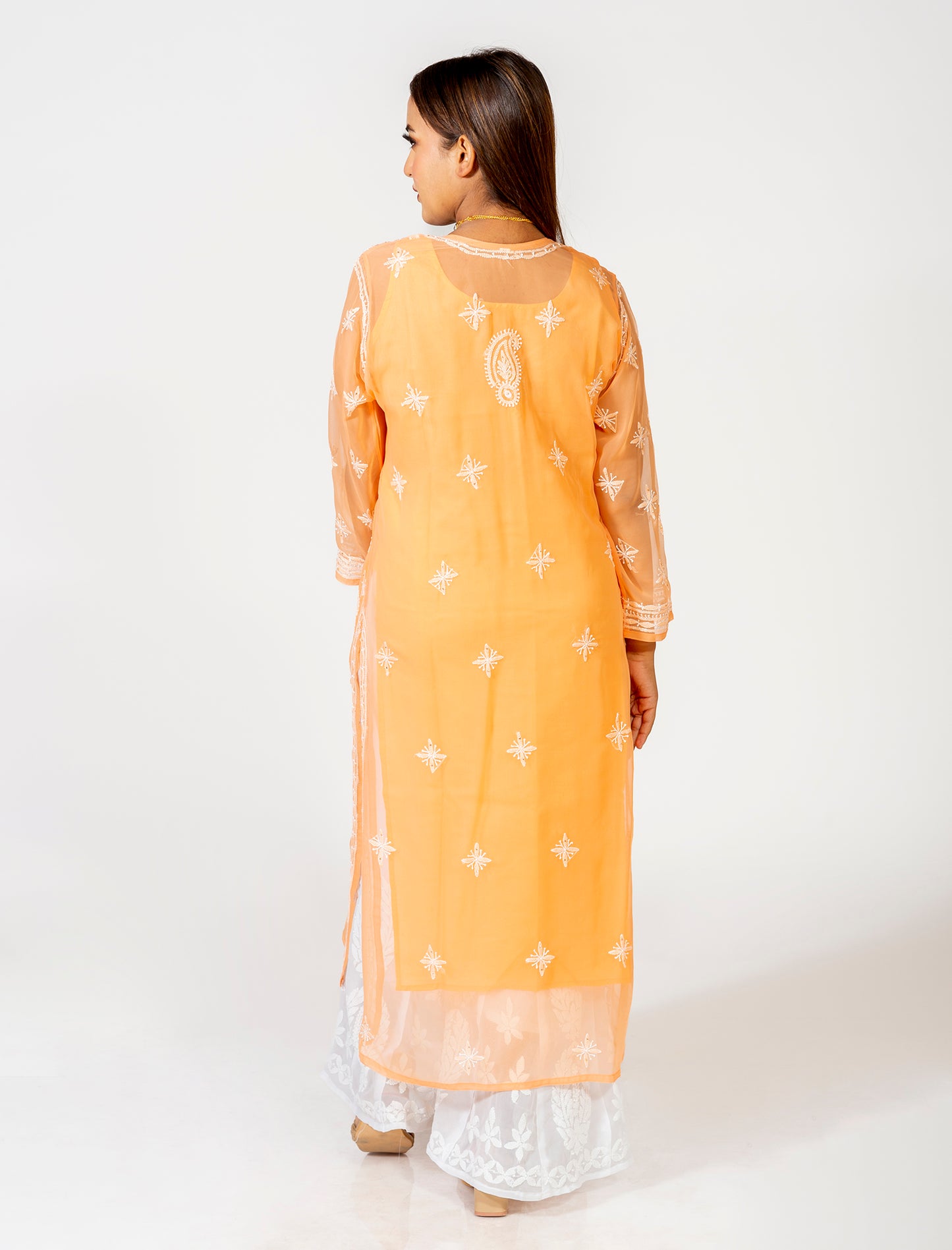Lucknow Chikan Emporium Skin Friendly Georgette Chikankari Mukaish Kurti Nice Orange Colour.
