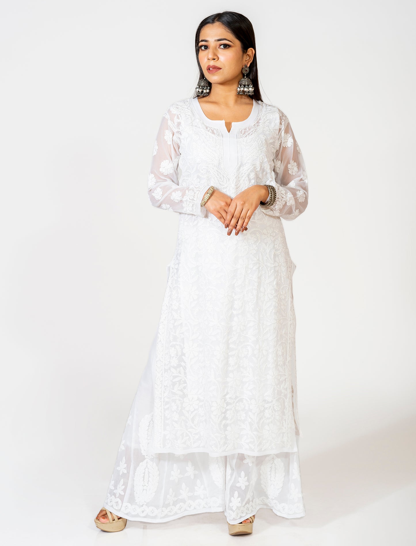 Lucknow Chikan Emporium Hand Embroided Skin Friendly Viscose Chikankari White Kurti.