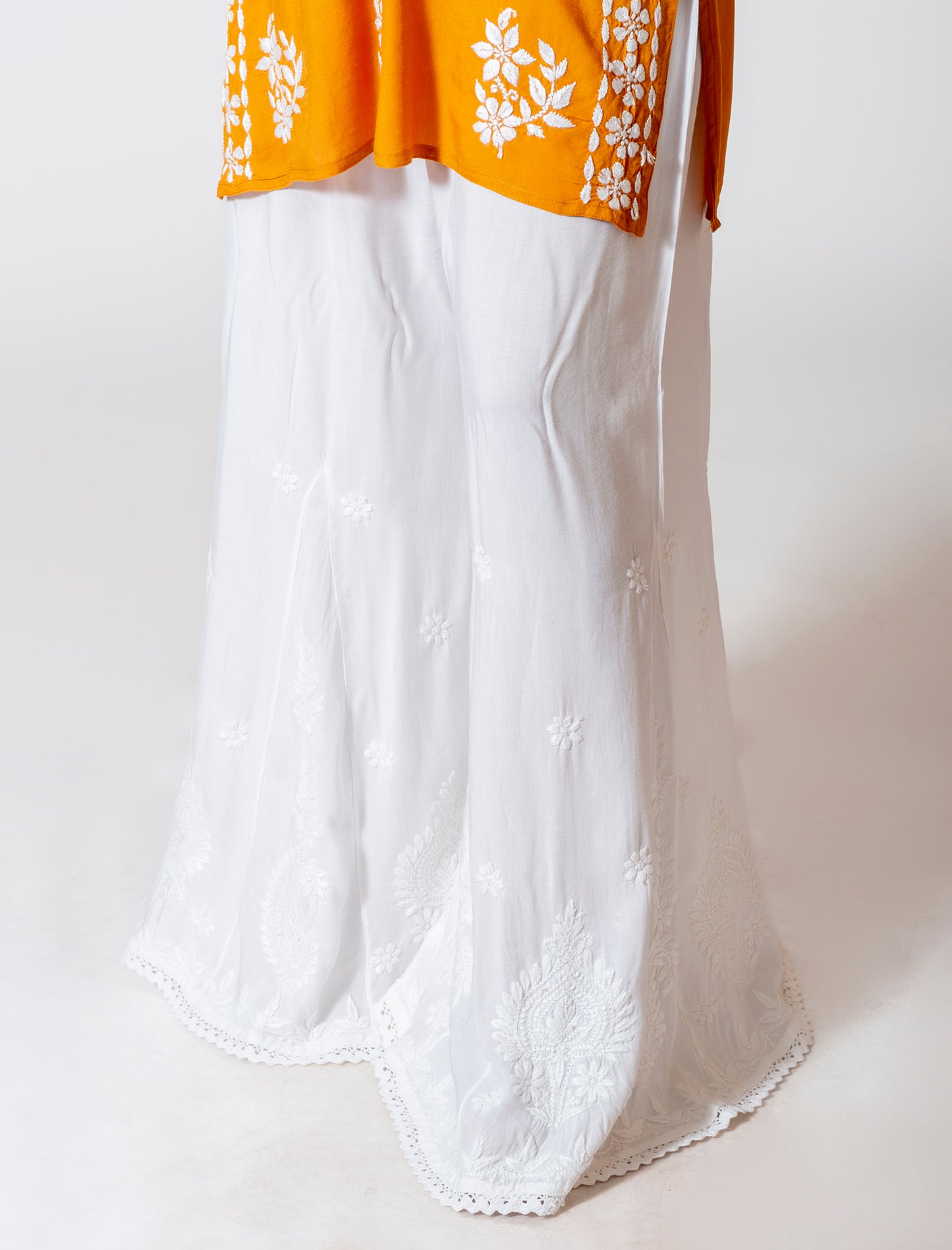 Soft Skin Friendly Dyable Modal Palazoo With Cotton Thread Hand Chikan Embroided Lucknow Chikan Emporium.