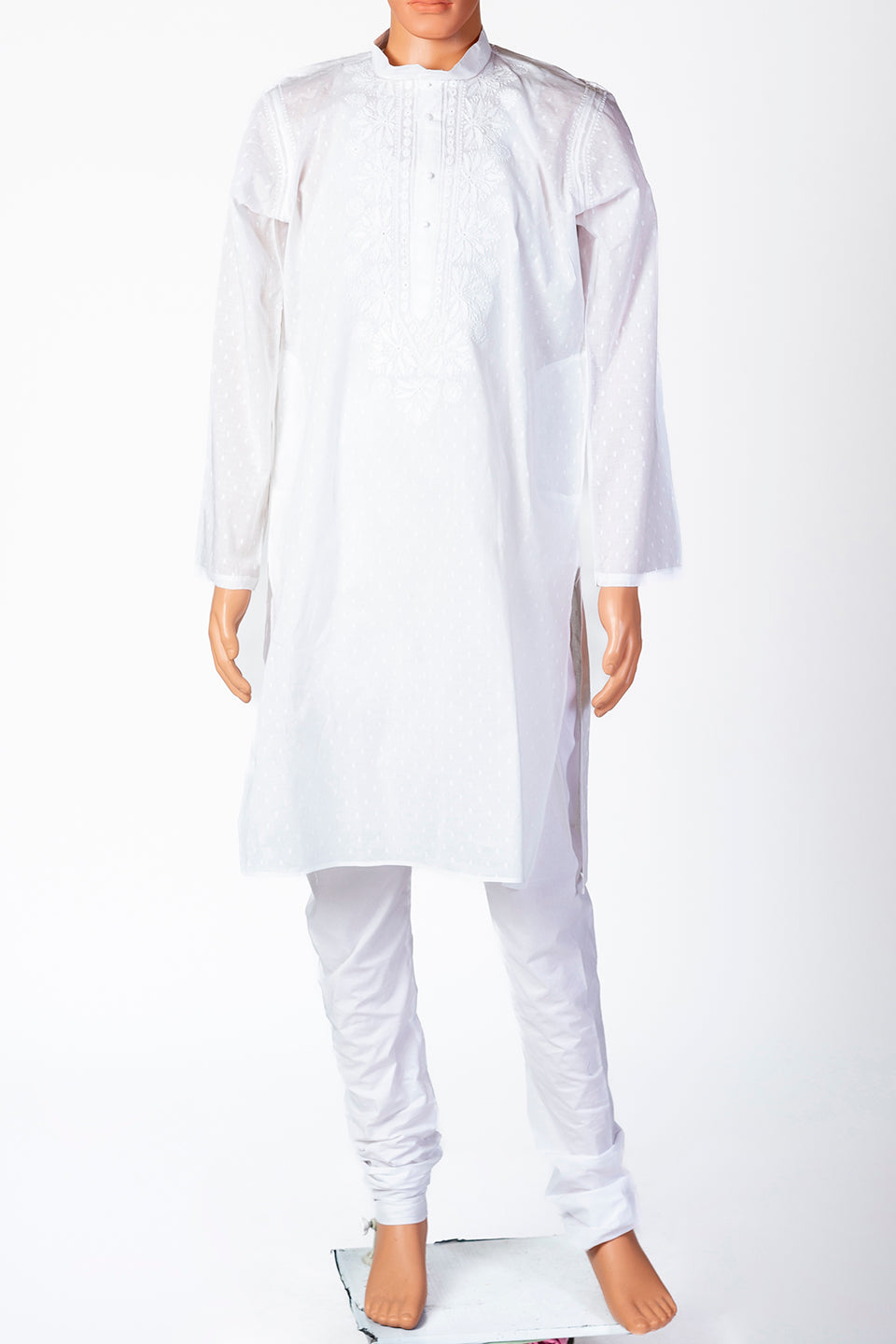 Lucknow Chikan Emporium Cotton White Colour Gents Kurta Fancy Hand Chikankari.