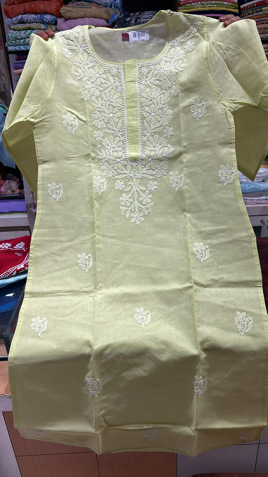 Green Colour Hand Embroided Cotton Chikankari Kurti Lucknow Chikan Emporium.