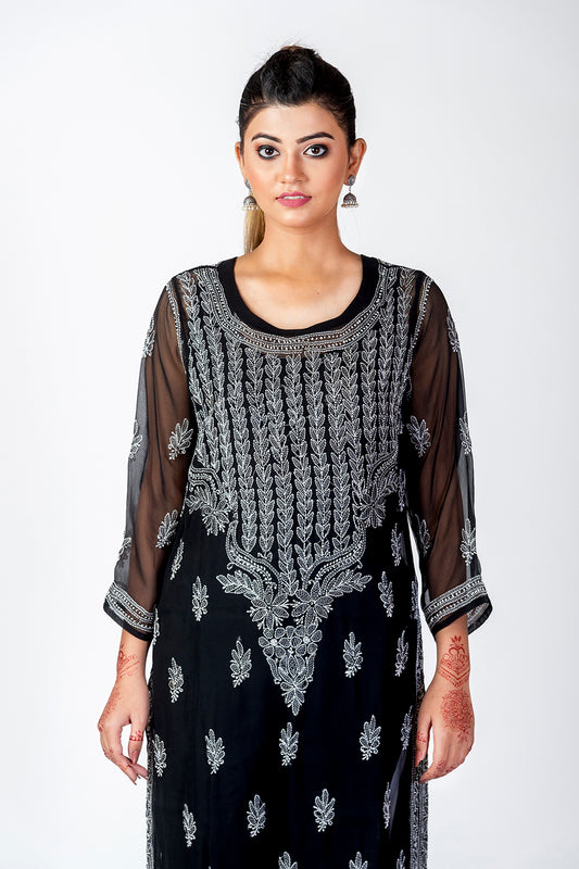 Black Semi Georgette Skin Friendly Hand Chikankari Kurti Lucknow Chikan Emporium.