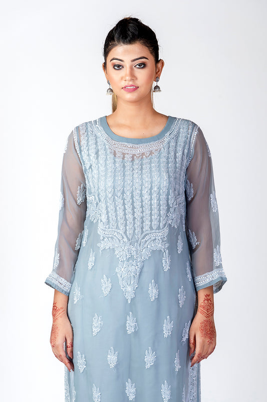 Grey Semi Georgette Skin Friendly Hand Chikankari Kurti Lucknow Chikan Emporium.