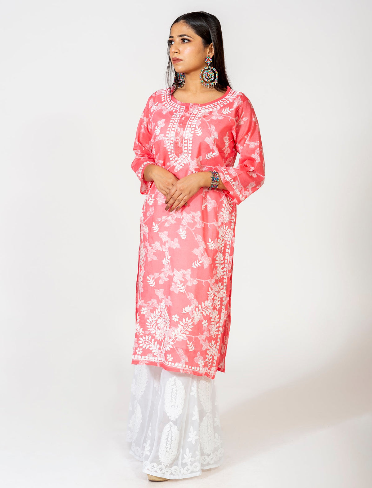 Carrot Pink Hand Embroided Skin Friendly Cotton Chikankari Kurti Lucknow Chikan Emporium.