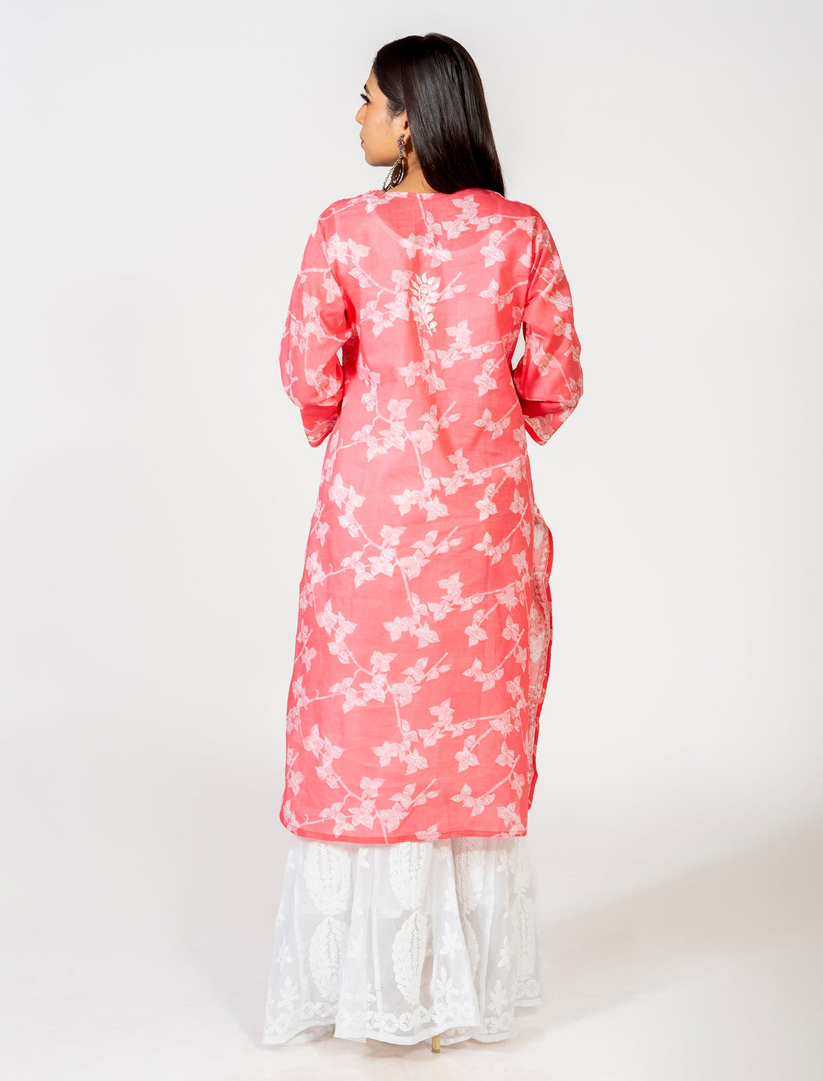 Carrot Pink Hand Embroided Skin Friendly Cotton Chikankari Kurti Lucknow Chikan Emporium.