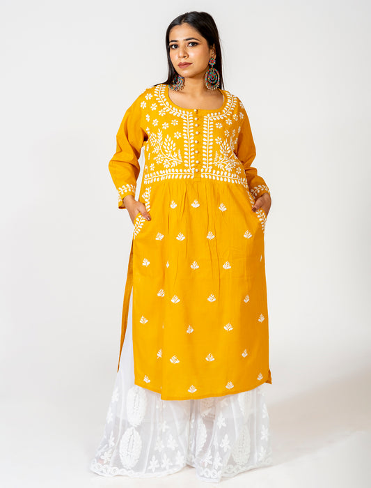 Rusty Yellow Colour Hand Embroided Skin Friendly South Cotton Pocket Kurti Lucknow Chikan Emporium.