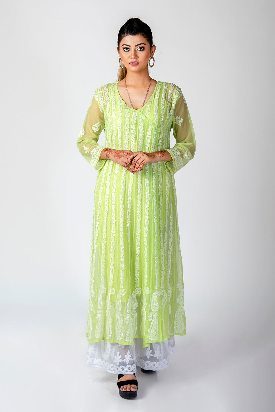 Nice Hand Embroided Skin Freindly Georgette Chikankari Lamon Green Anrkali kurti Lucknow Chikan Emporium.