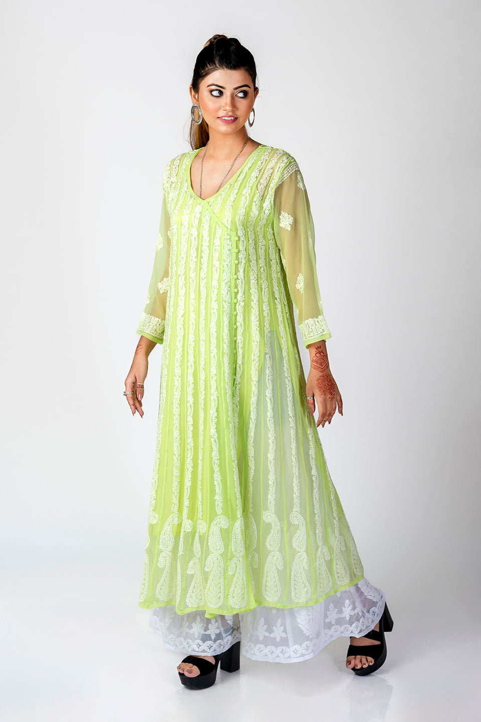 Nice Hand Embroided Skin Freindly Georgette Chikankari Lamon Green Anrkali kurti Lucknow Chikan Emporium.