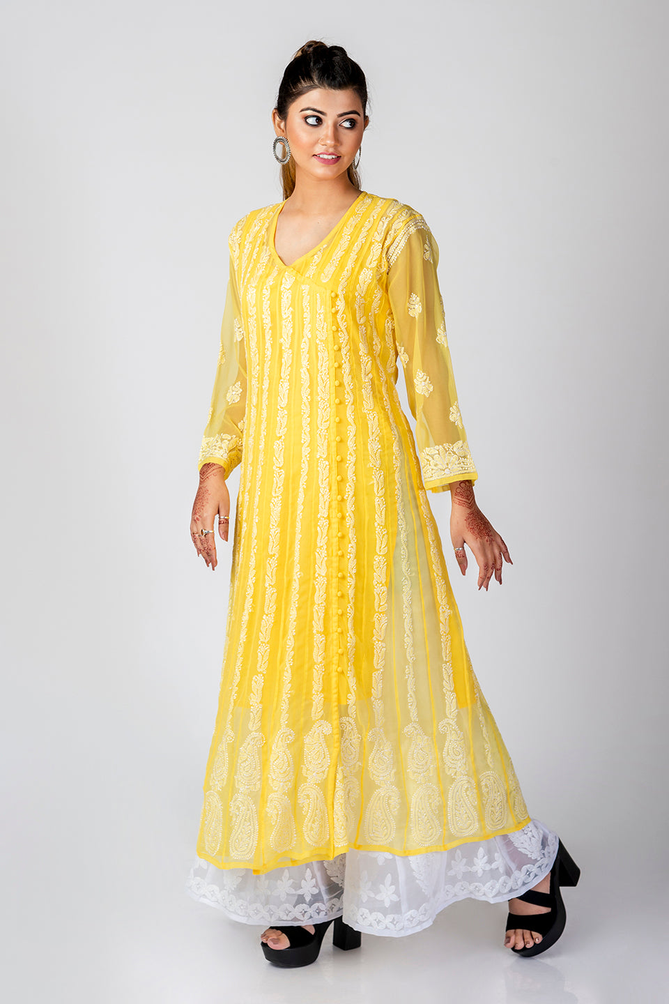 Nice Hand Embroided Skin Freindly Georgette Chikankari Yellow Anrkali kurti Lucknow Chikan Emporium.