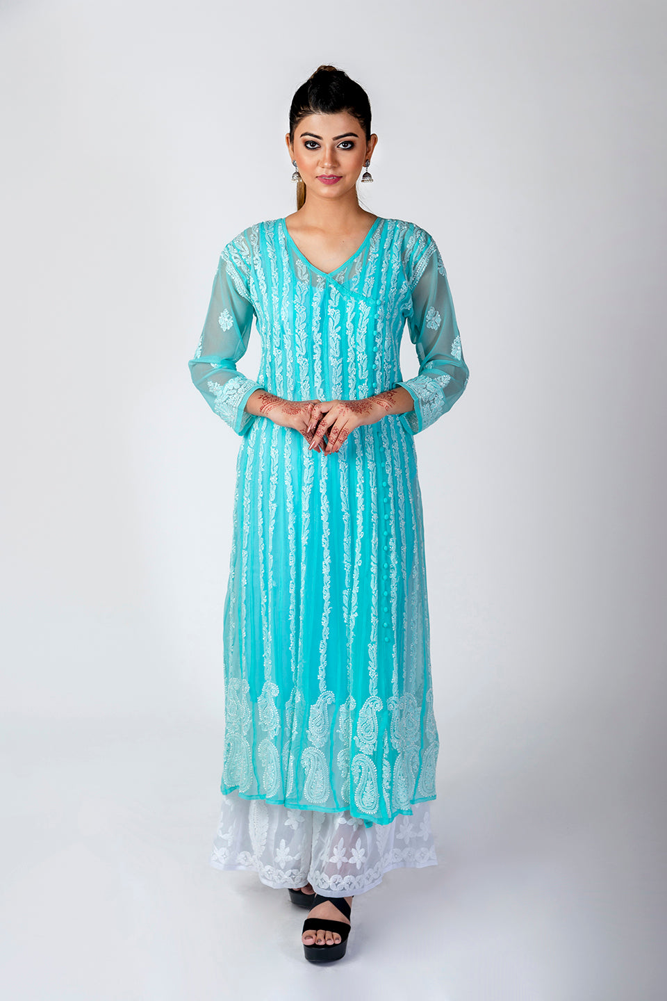 Nice Hand Embroided Skin Freindly Georgette Chikankari Sea Green Anrkali kurti Lucknow Chikan Emporium.