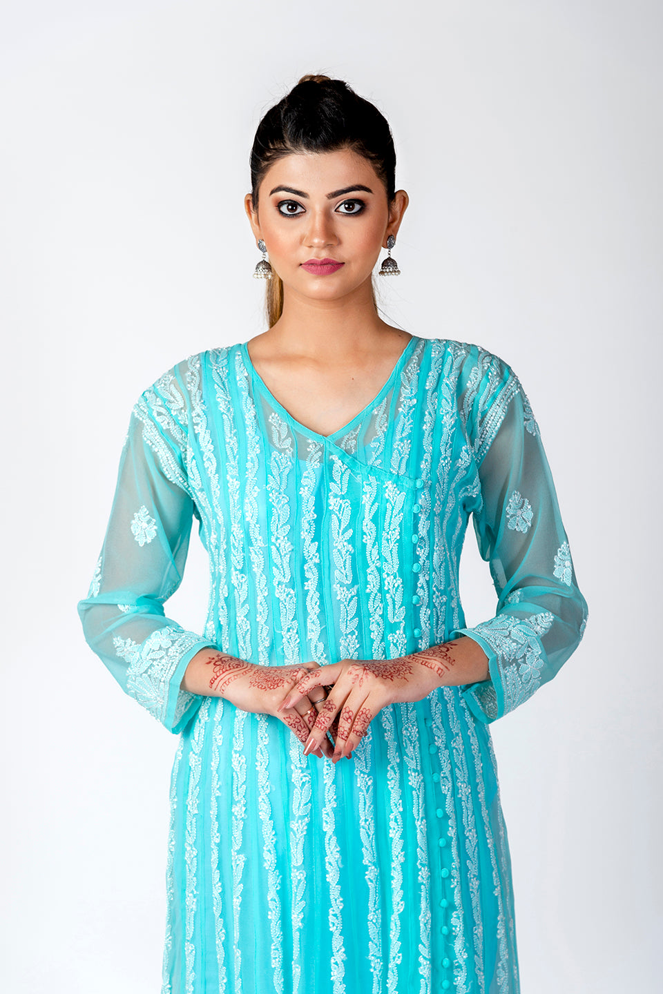 Nice Hand Embroided Skin Freindly Georgette Chikankari Sea Green Anrkali kurti Lucknow Chikan Emporium.