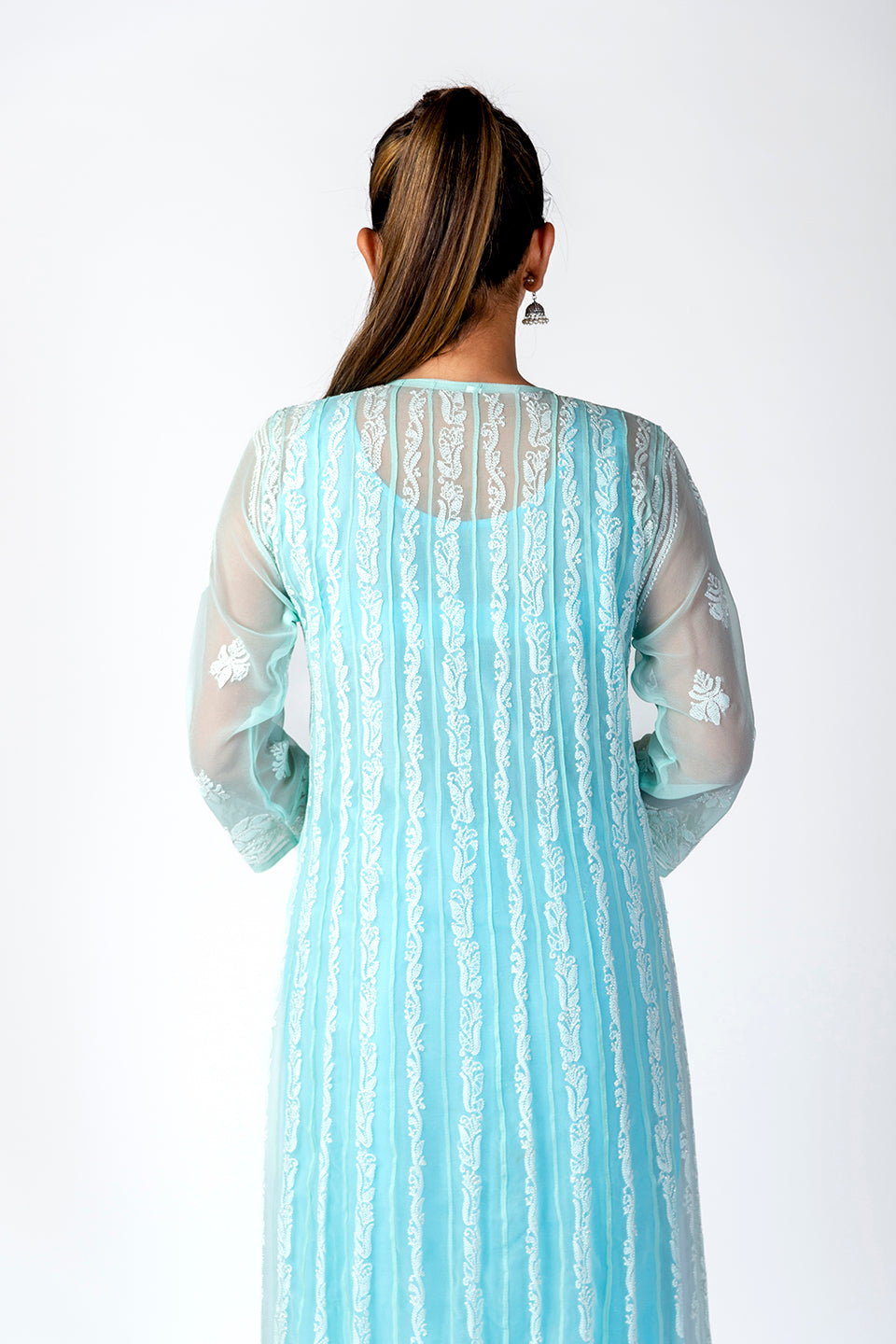 Nice Hand Embroided Skin Freindly Georgette Chikankari Light Sea Green Anrkali kurti Lucknow Chikan Emporium.