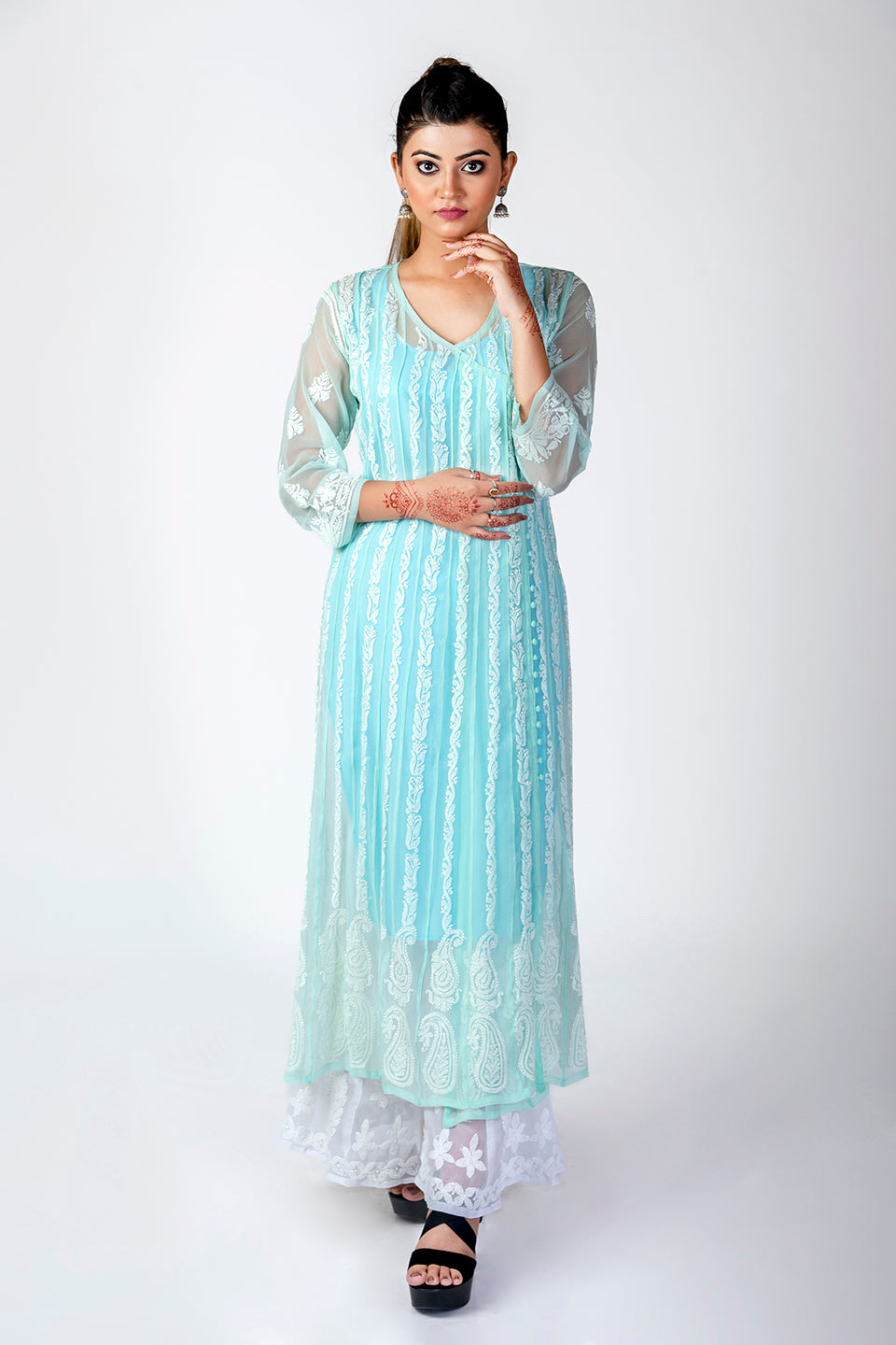 Nice Hand Embroided Skin Freindly Georgette Chikankari Light Sea Green Anrkali kurti Lucknow Chikan Emporium.