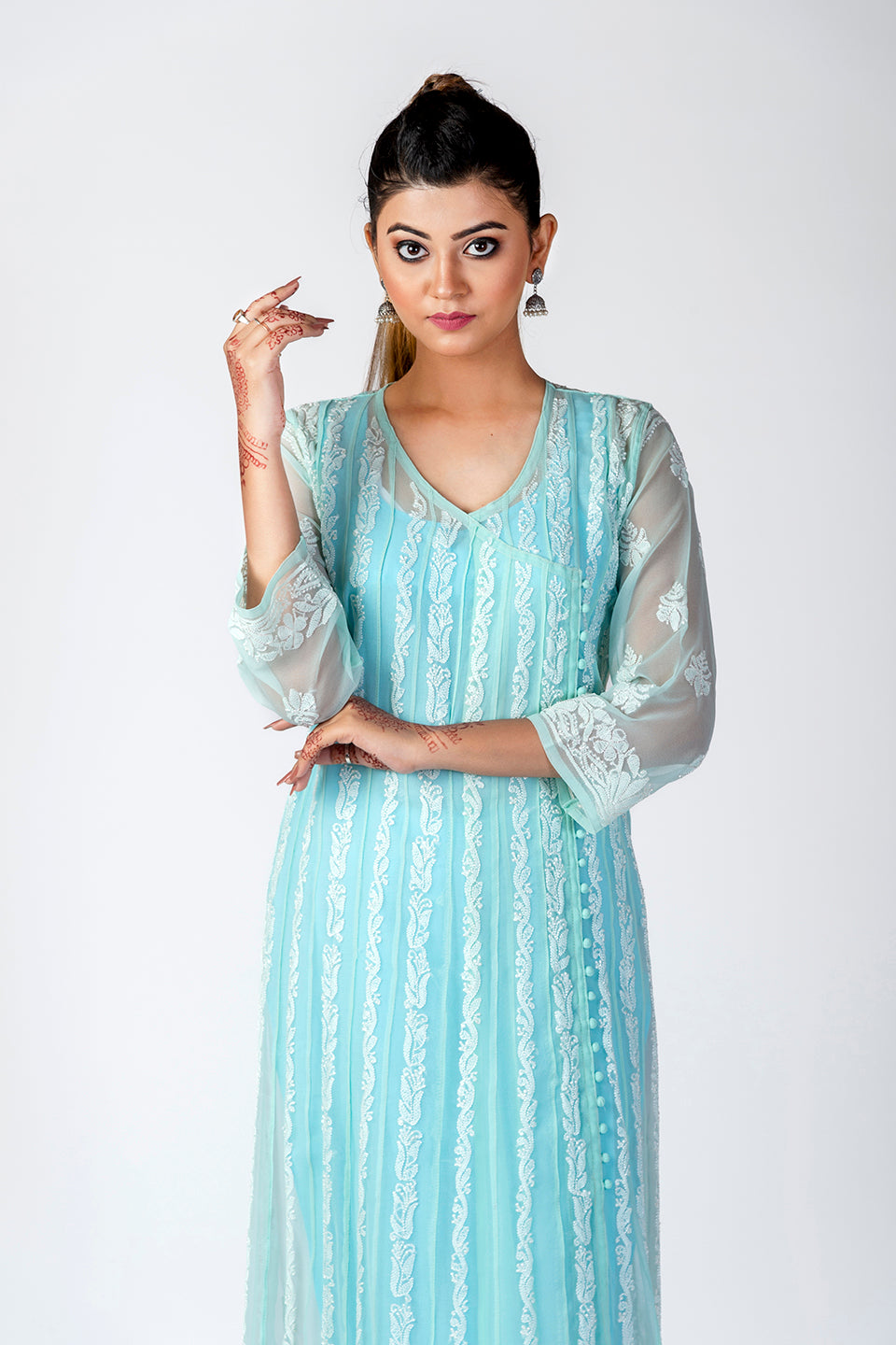 Nice Hand Embroided Skin Freindly Georgette Chikankari Light Sea Green Anrkali kurti Lucknow Chikan Emporium.