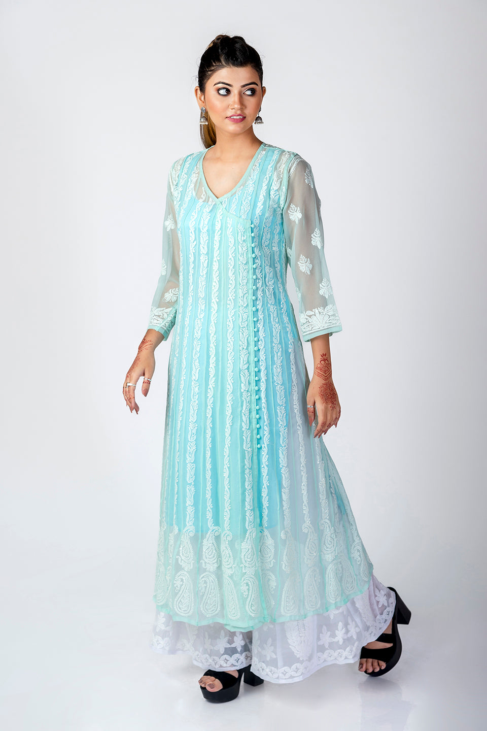 Nice Hand Embroided Skin Freindly Georgette Chikankari Light Sea Green Anrkali kurti Lucknow Chikan Emporium.