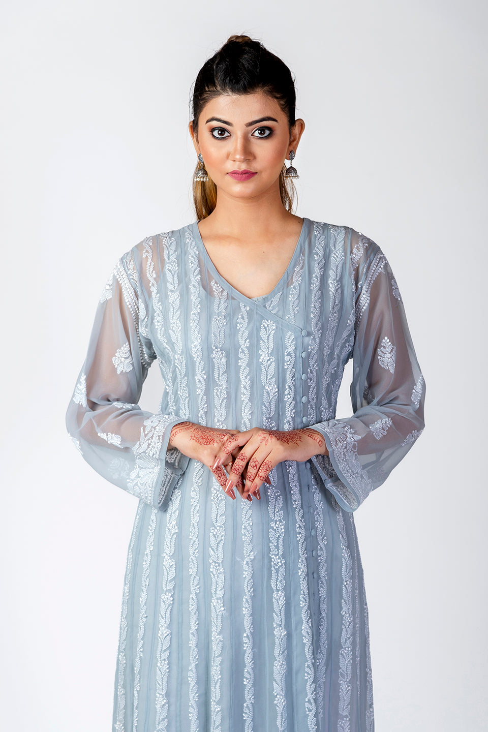 Nice Hand Embroided Skin Freindly Georgette Chikankari Grey Anrkali kurti Lucknow Chikan Emporium.