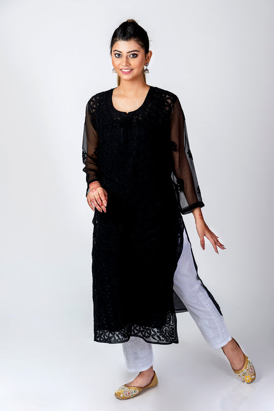 Lucknow Chikan Emporium Skin Friendly Georgette Chikankari Kurti Nice Black Colour.