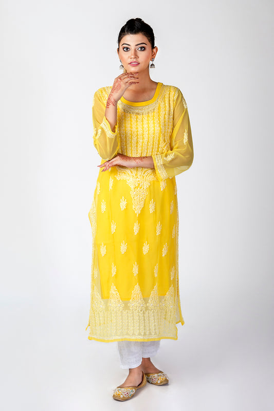 Yellow Semi Georgette Skin Friendly Hand Chikankari Kurti Lucknow Chikan Emporium.