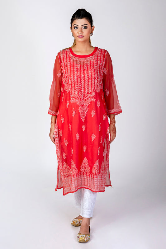 Carrot Pink Semi Georgette Skin Friendly Hand Chikankari Kurti Lucknow Chikan Emporium.