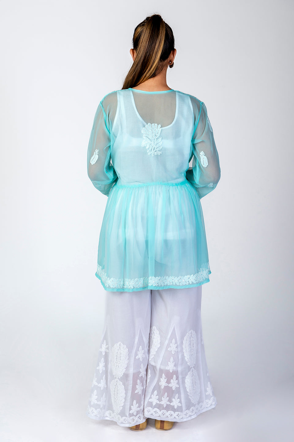 Sea Green Skin Friendly Hand Chikankari Kurti Lucknow Chikan Emporium.