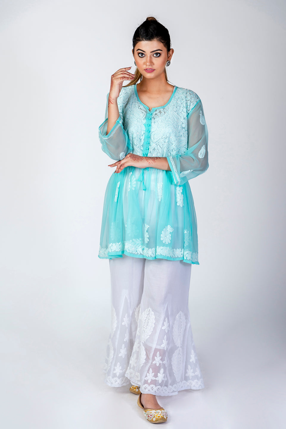 Sea Green Skin Friendly Hand Chikankari Kurti Lucknow Chikan Emporium.