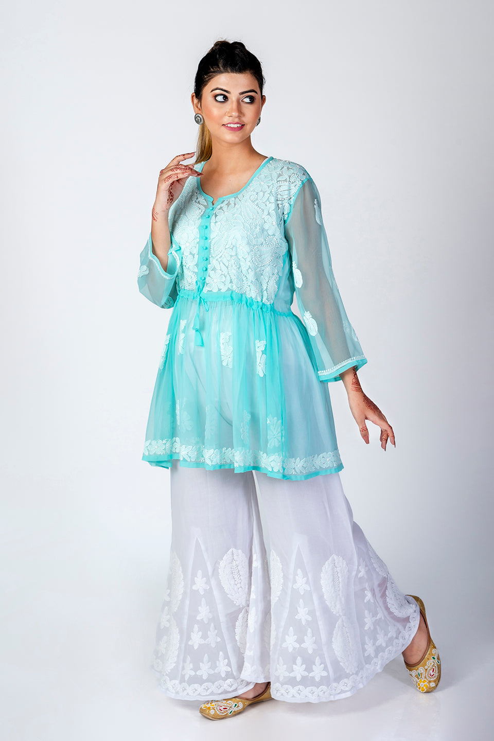 Sea Green Skin Friendly Hand Chikankari Kurti Lucknow Chikan Emporium.