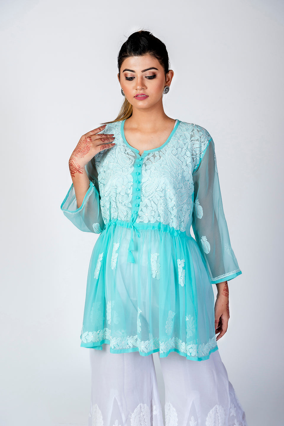 Sea Green Skin Friendly Hand Chikankari Kurti Lucknow Chikan Emporium.